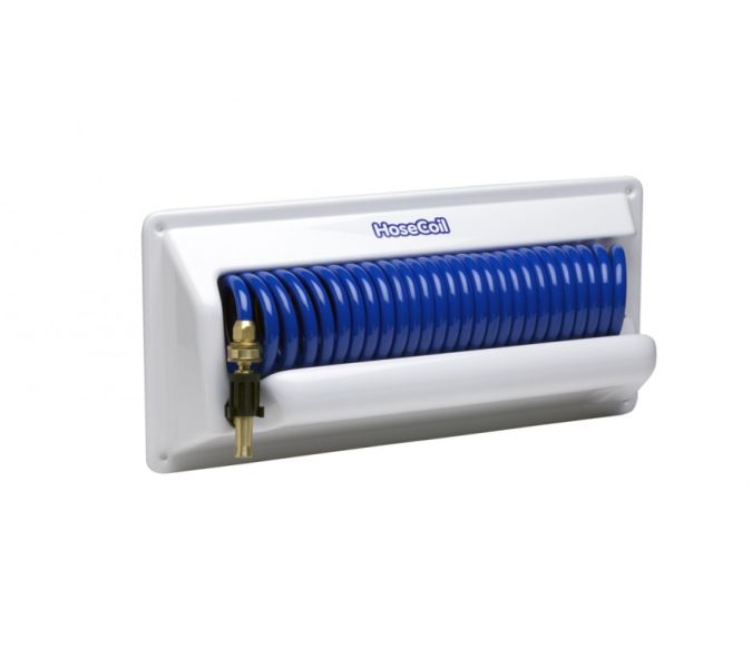 10 Hosecoil Hose coil enclosure with 5' x 3/8" hose & adjustable spray nozzle (20. 5"Wx9.5"Hx5"D) horizontal mount