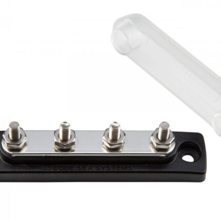 The MiniBus busbar from Blue Sea Systems has 4, 5 mm connection bolts and a maximum load capacity of 100 A. The busbar is supplied with a cover. The rail material consists of tinned copper and the base material of reinforced polycarbonate. Maximum voltage: 300 V AC / 48 V DC.